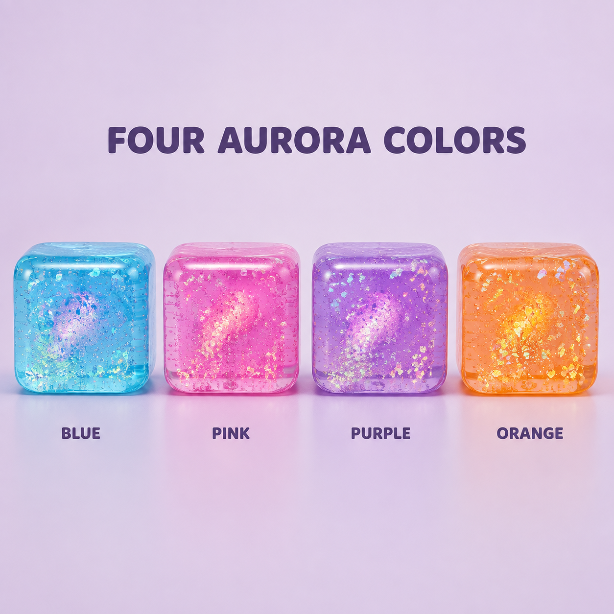 Four aurora gel cube color options blue pink purple and orange
