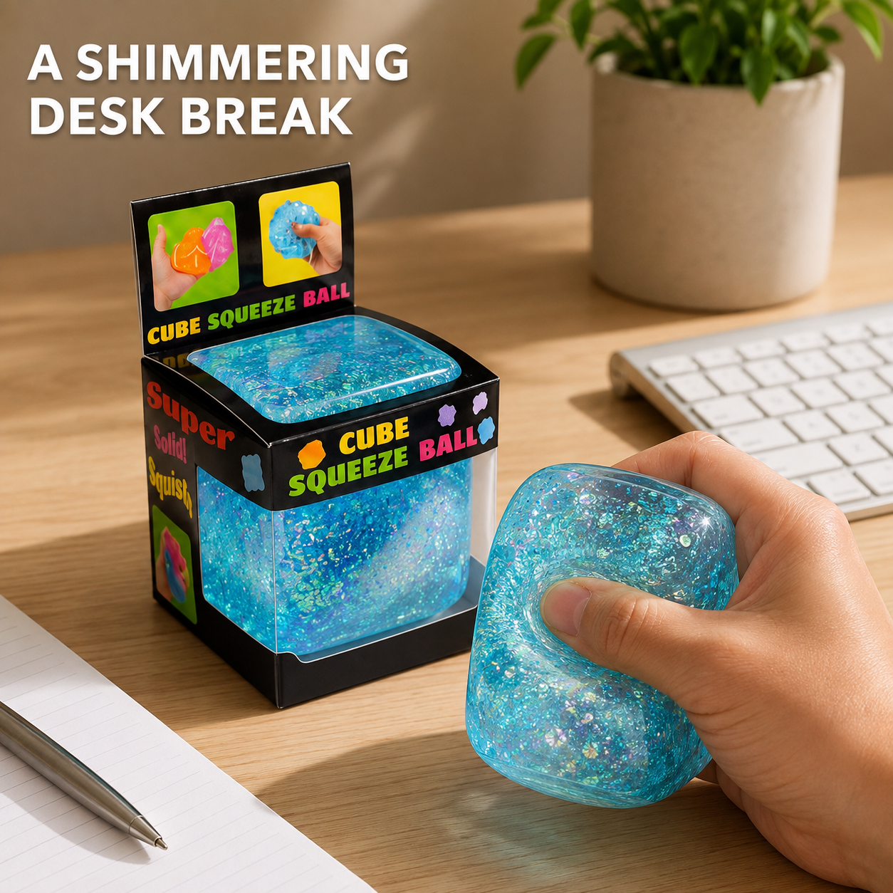 Boxed blue aurora gel cube in a home-office scene
