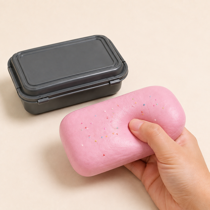 Pink cake squishy being pressed beside its dark storage box