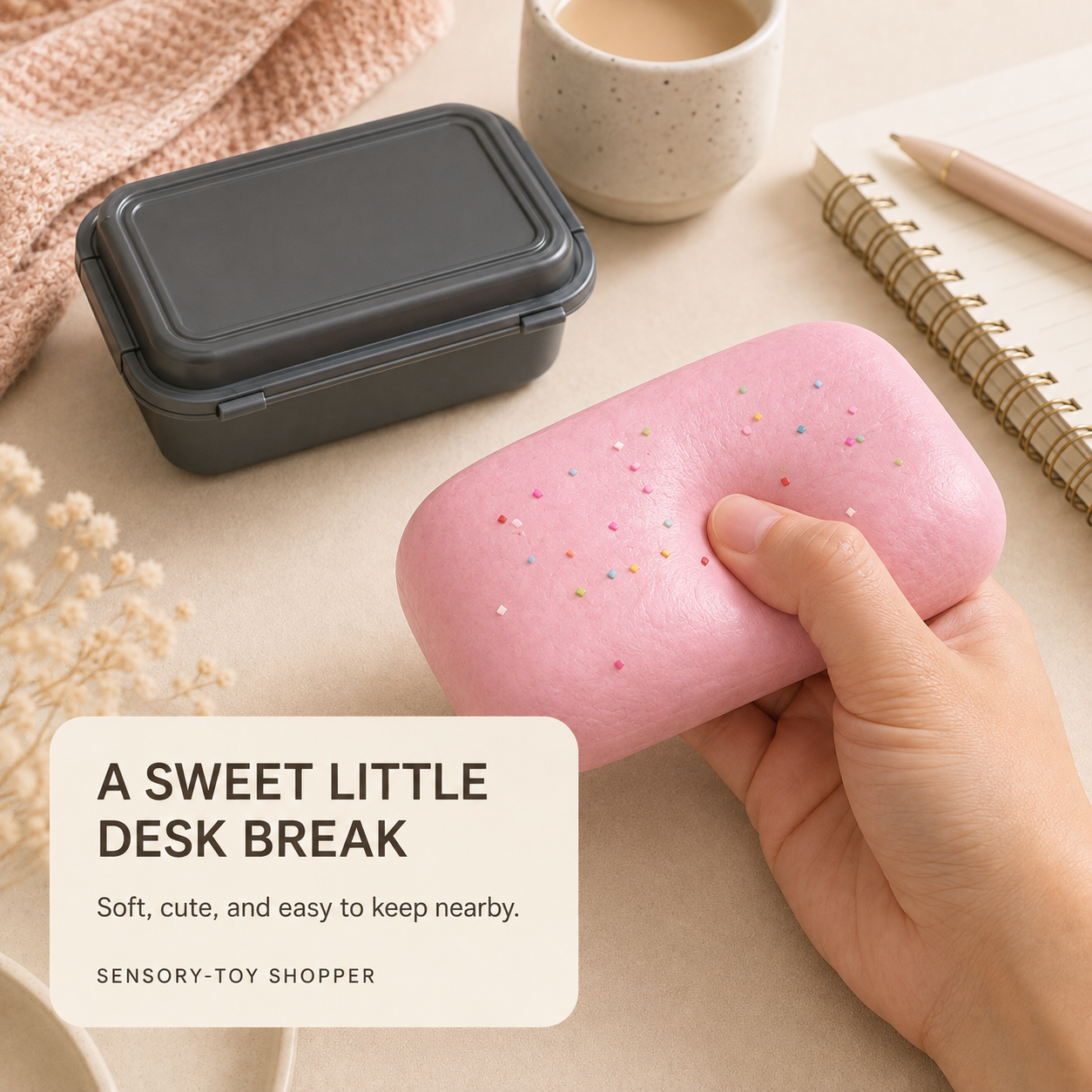 Pink cake squishy and storage box in a desk setting