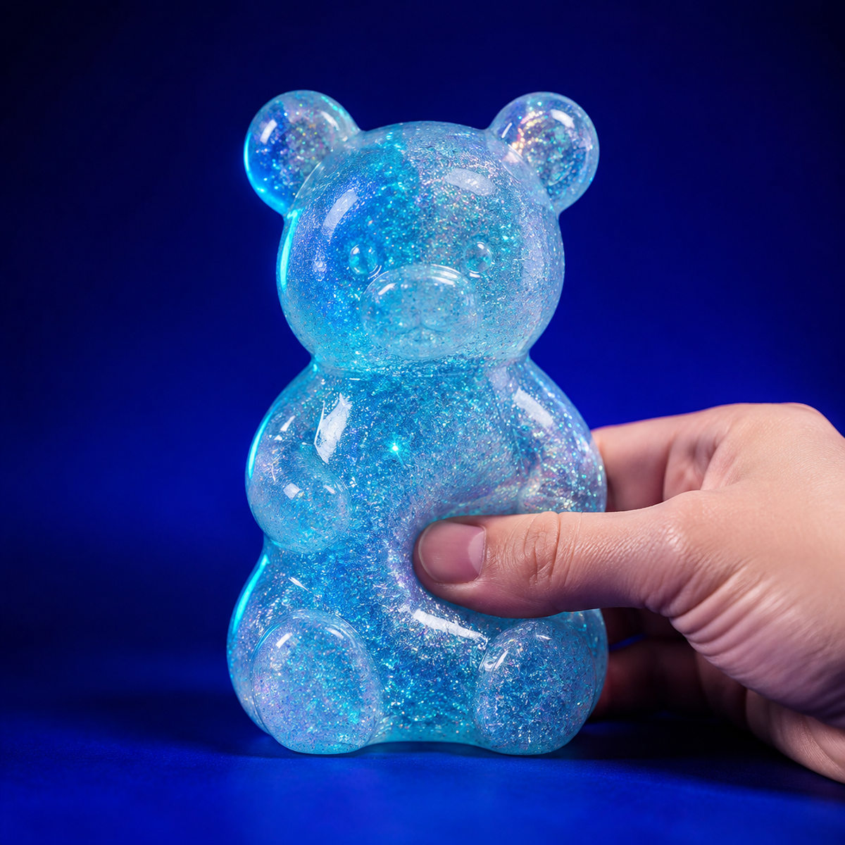 Blue glitter gummy bear squeeze toy with hand pressing the belly