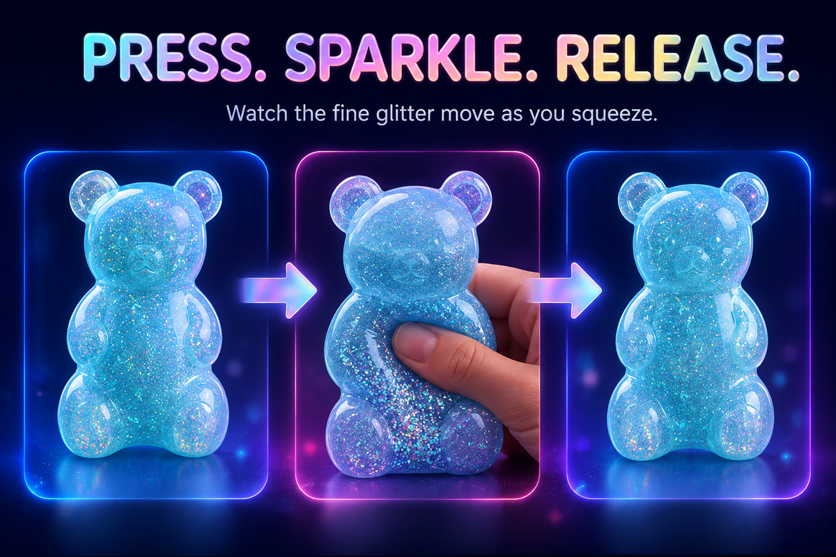 Glitter gummy bear press sparkle and release sequence
