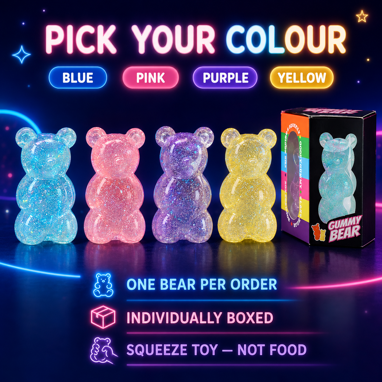 Blue pink purple and yellow glitter bear options