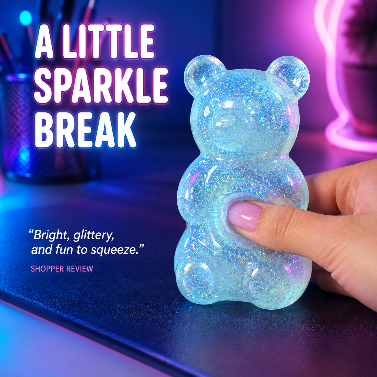 Glitter gummy bear squeeze toy lifestyle scene