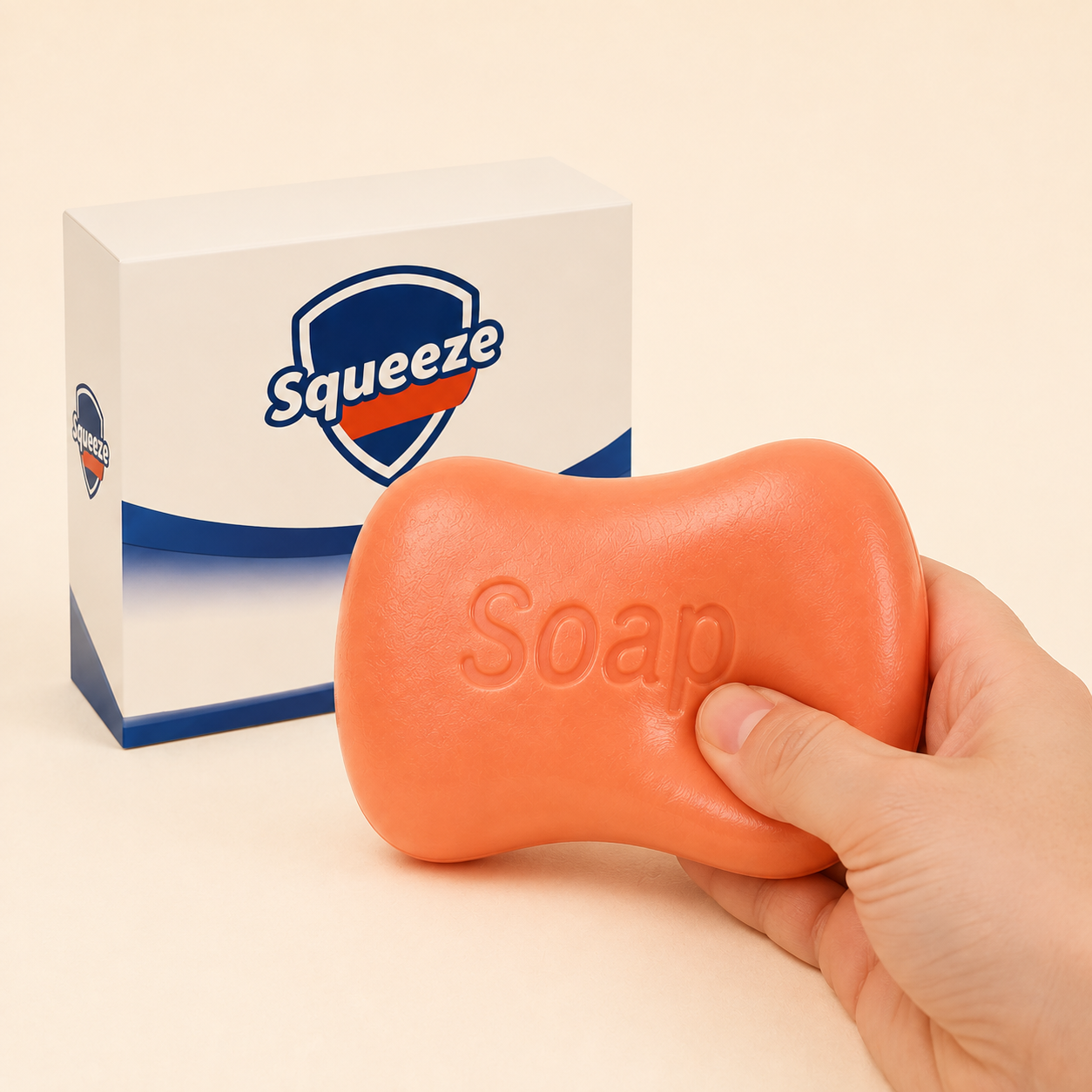 Boxed soap-shaped sensory squeeze toy with a hand pressing the same coral soap-shaped toy