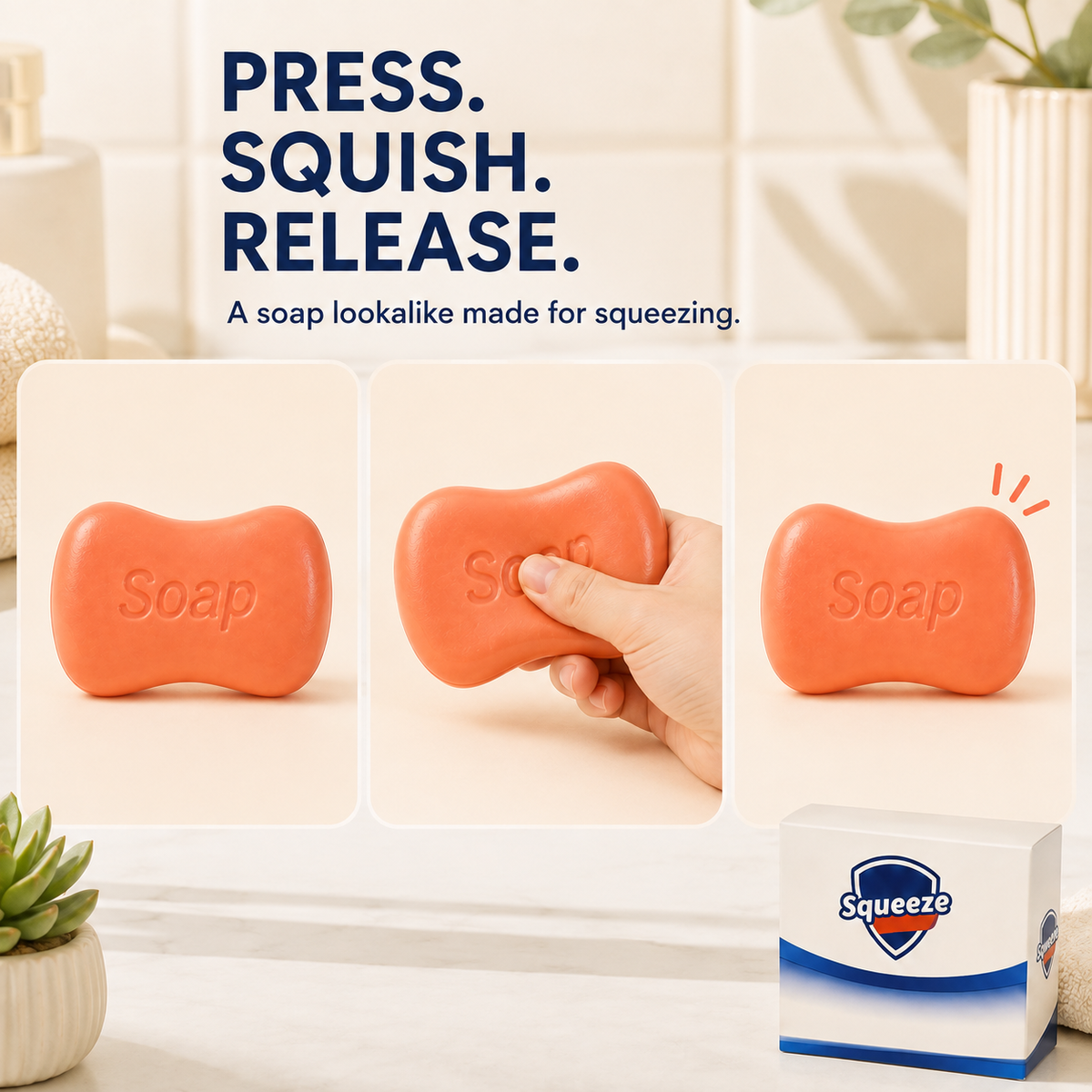 Press, squeeze and release action sequence for the boxed soap-shaped sensory toy