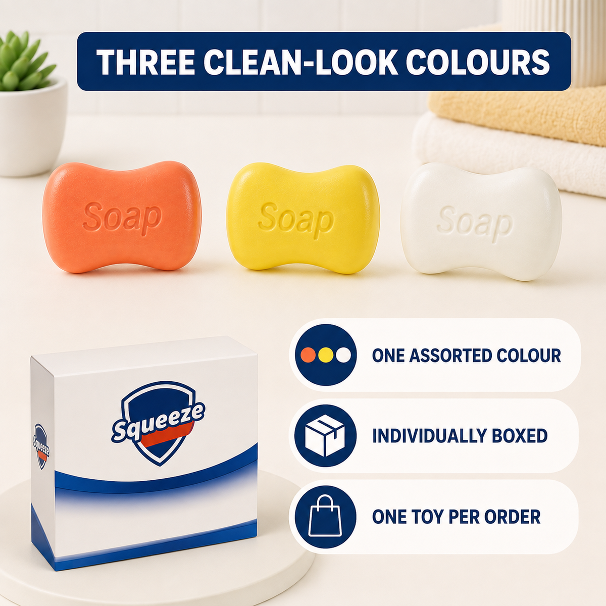Assorted coral, yellow and white soap-shaped sensory squeeze toys with retail box