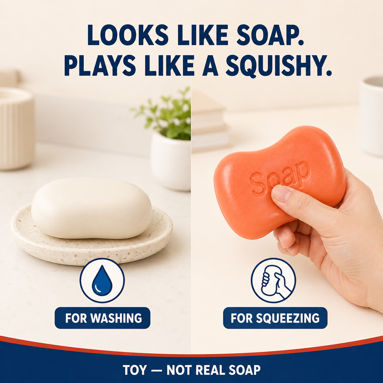 Comparison explaining that the soap-shaped product is a squishy toy and not real soap