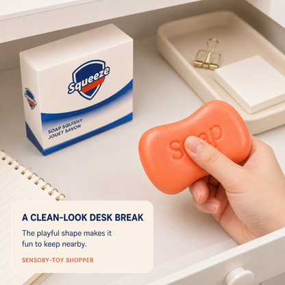 Boxed soap-shaped sensory squeeze toy in a clean bathroom shelf lifestyle scene