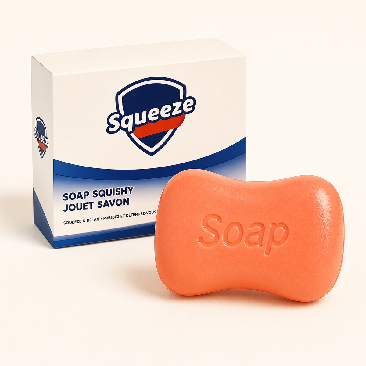 Soap-shaped squishy with bilingual retail carton