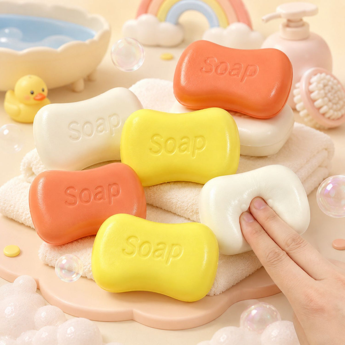 Assorted soap-shaped squishies with squeeze demonstration
