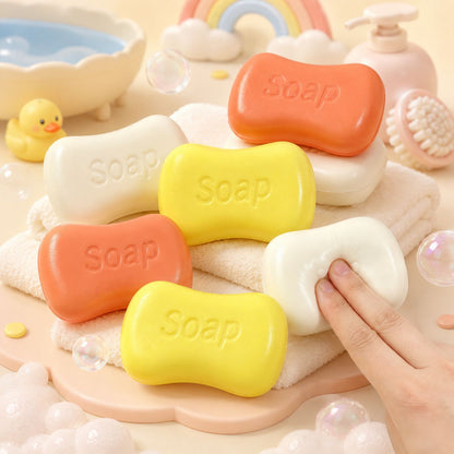 Assorted soap-shaped squishies with squeeze demonstration