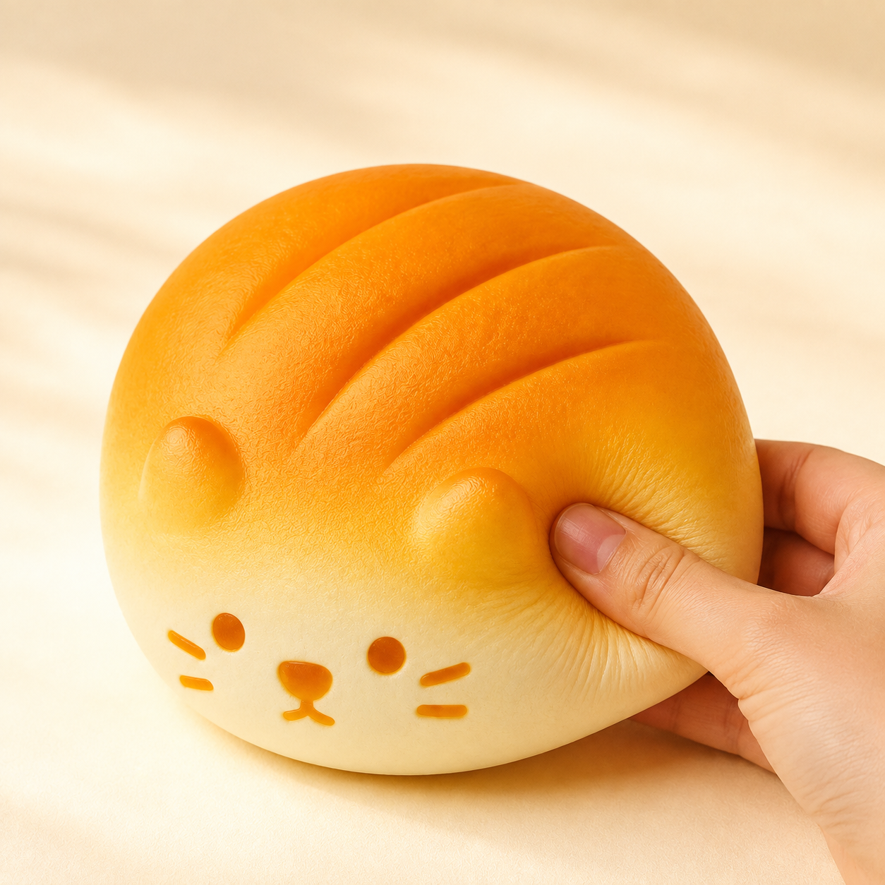 Bread cat squishy shown being pressed by hand