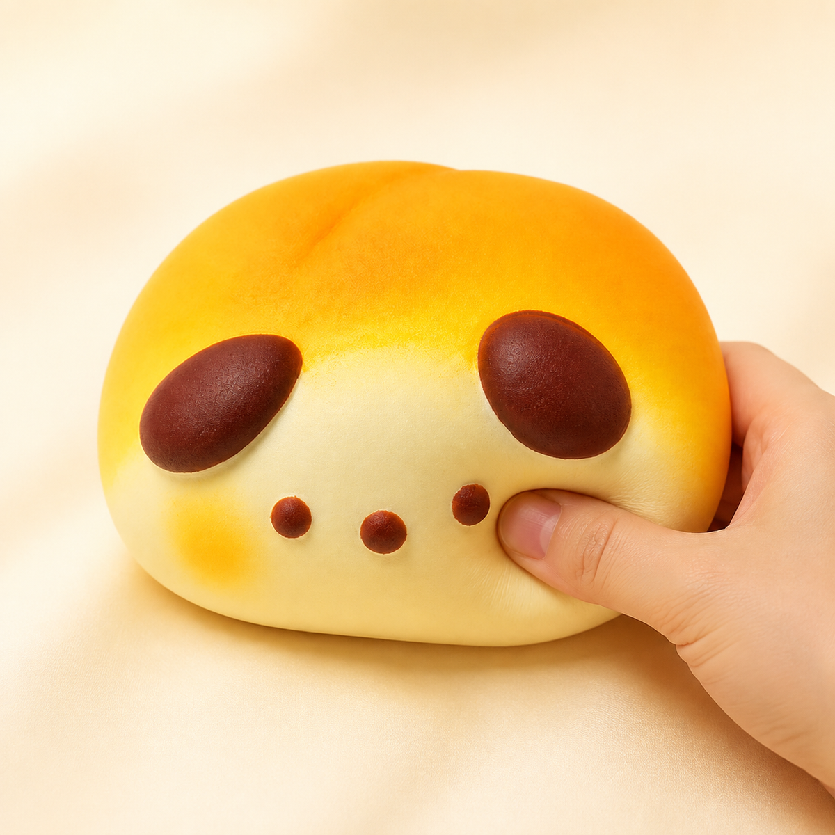 Bread dog squishy shown being pressed by hand