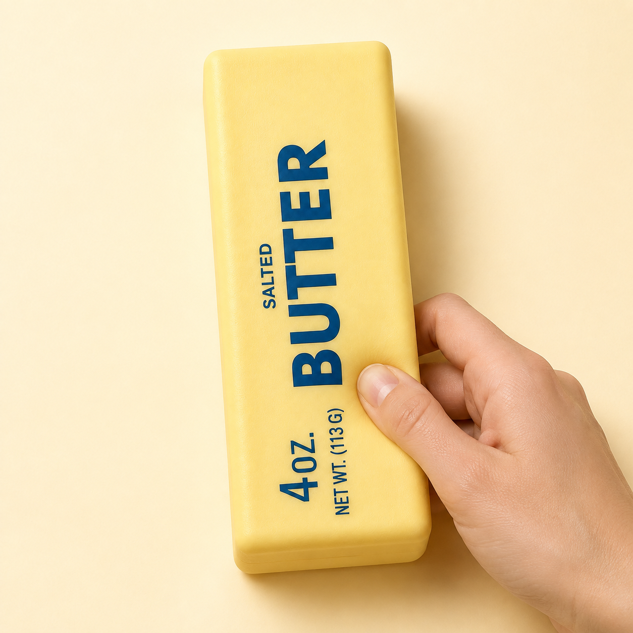 Butter stick slow-rise squishy with a hand gently squeezing the lower-right edge