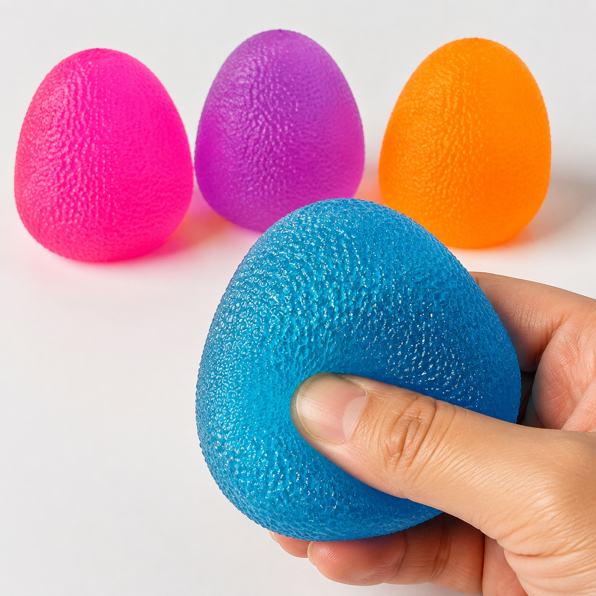 Four textured gel toy colors with a hand pressing the blue piece