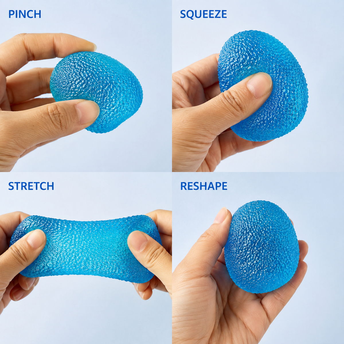Blue textured gel toy pinch squeeze stretch and reshape guide