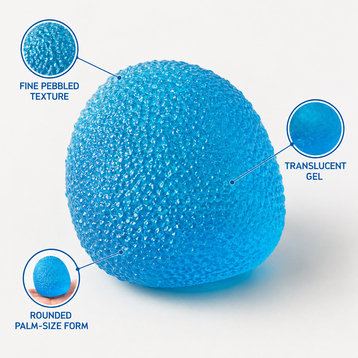 Blue textured gel toy pebbled surface translucent gel and rounded form