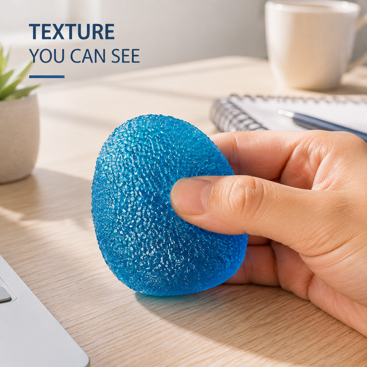 Blue textured gel toy in a bright home-office scene