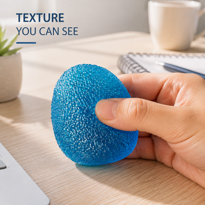 Blue textured gel toy in a bright home-office scene