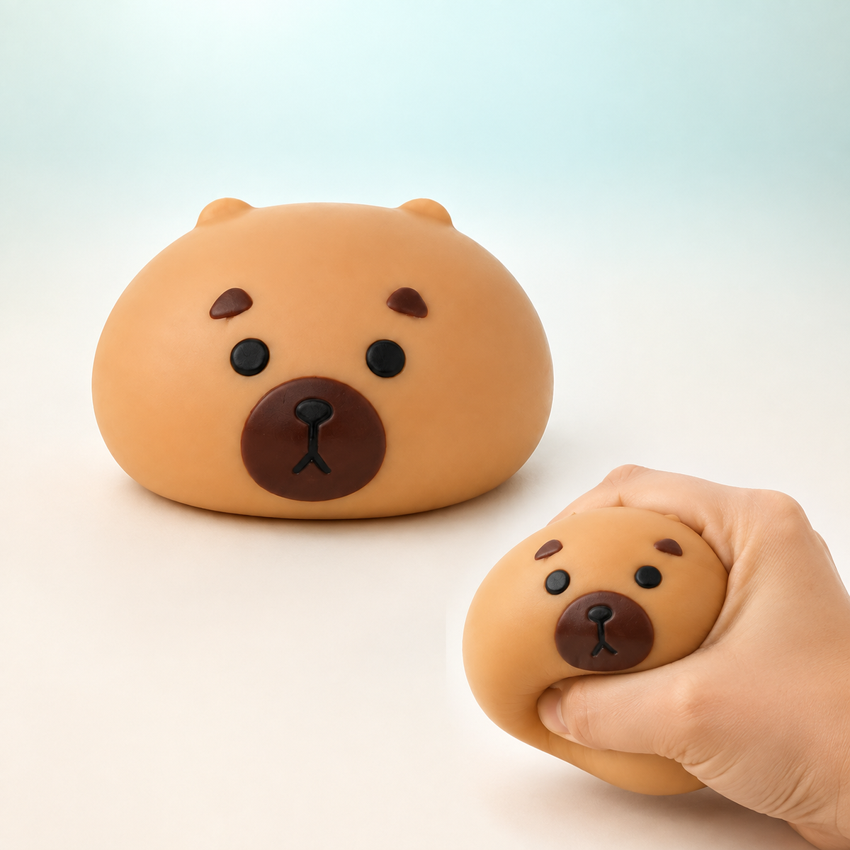 Capybara fluid-filled sensory squeeze toy hero with hand-squeeze demonstration