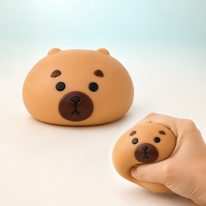 Capybara fluid-filled sensory squeeze toy hero with hand-squeeze demonstration