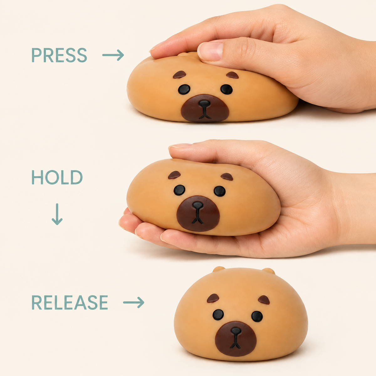 Capybara fluid-filled sensory squeeze toy press hold release guide