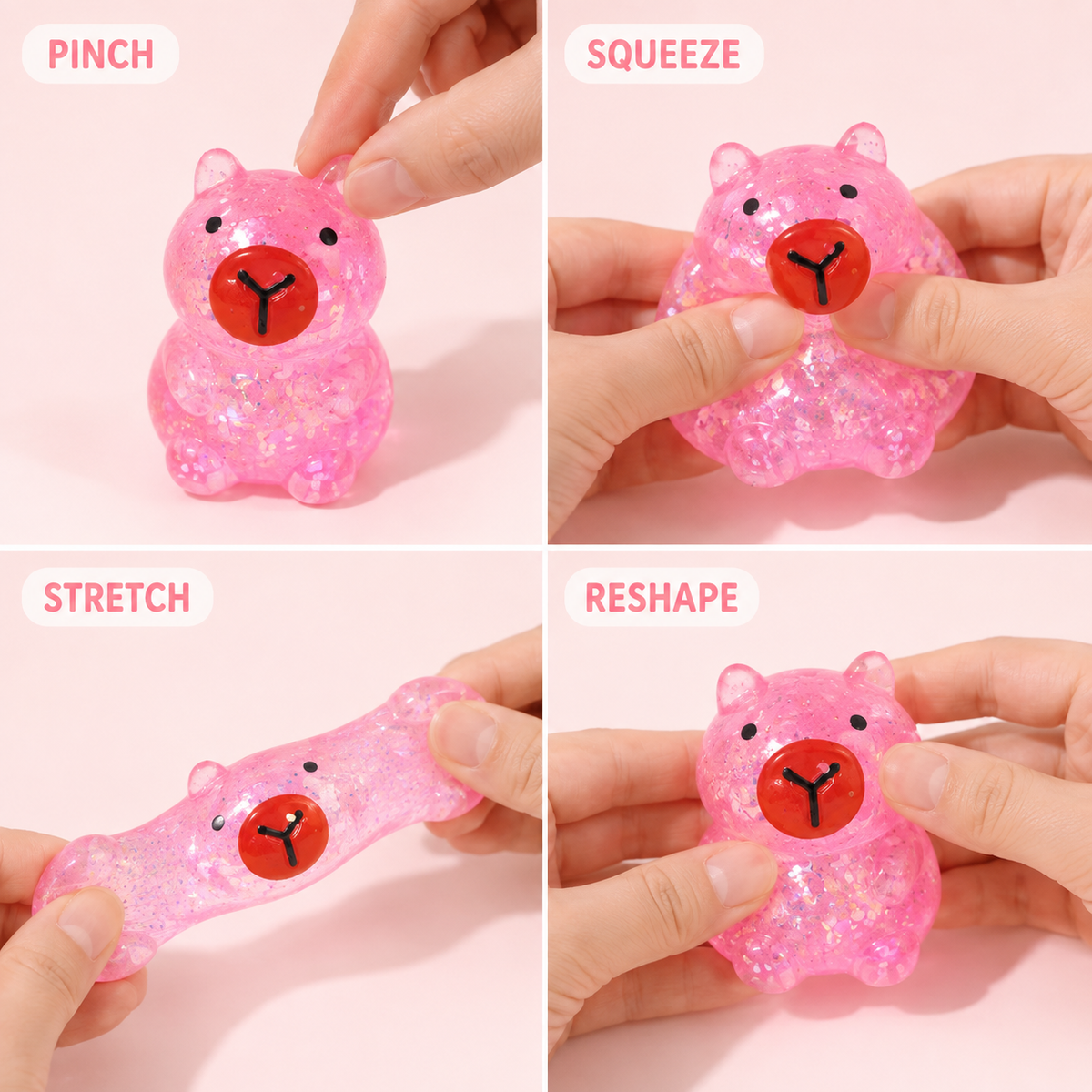 Pink gel capybara pinch squeeze stretch and reshape guide
