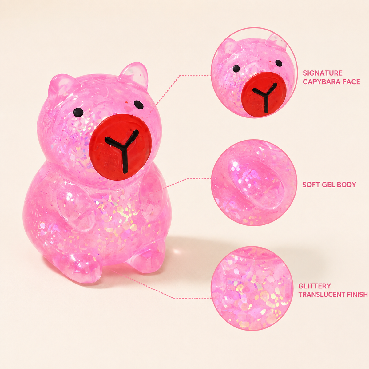 Pink gel capybara face soft body and translucent finish details