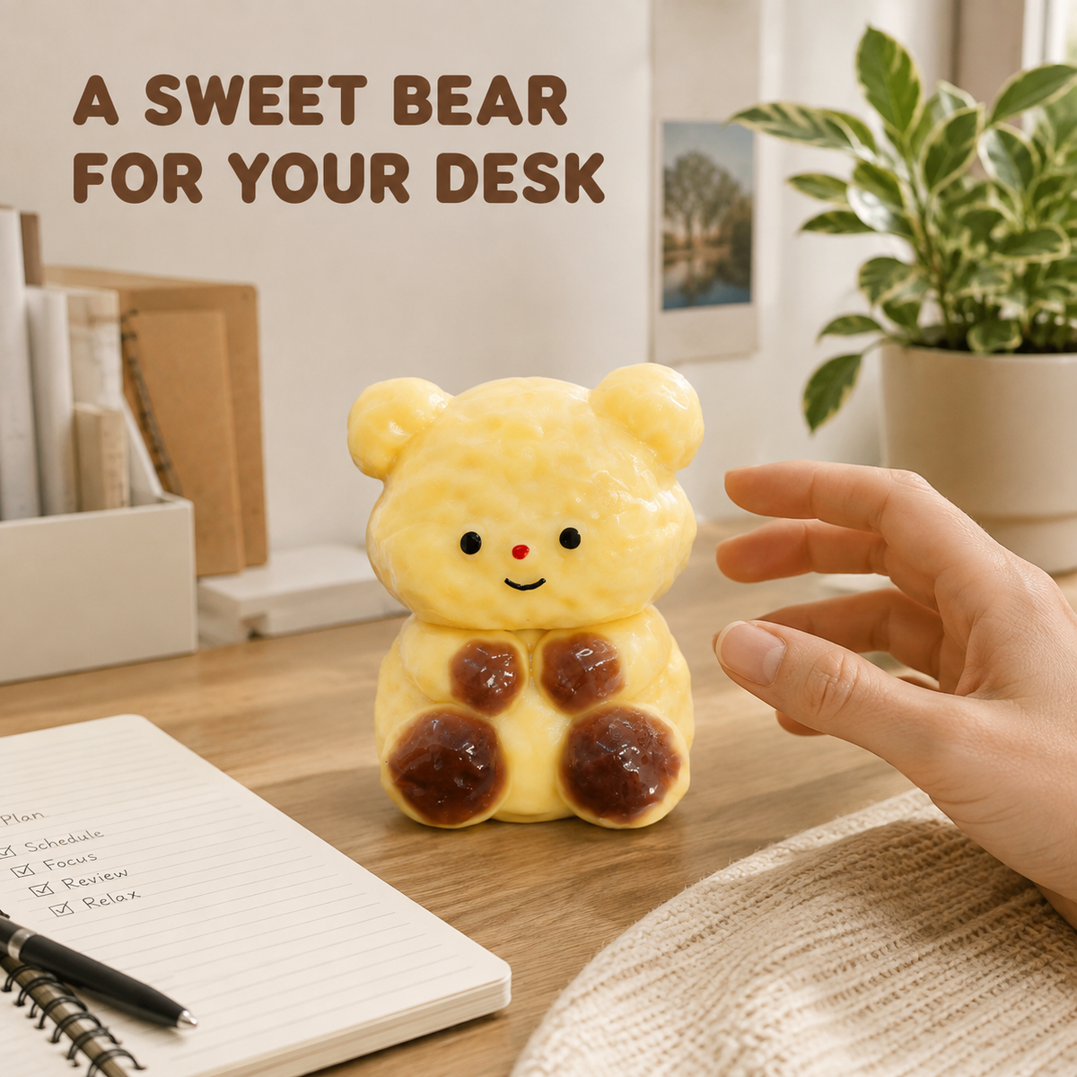 Caramel bear sensory toy on a warm home-office desk