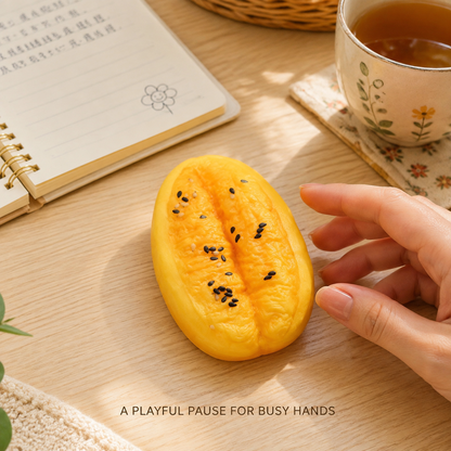 Golden youtiao sensory toy in a cozy desk scene