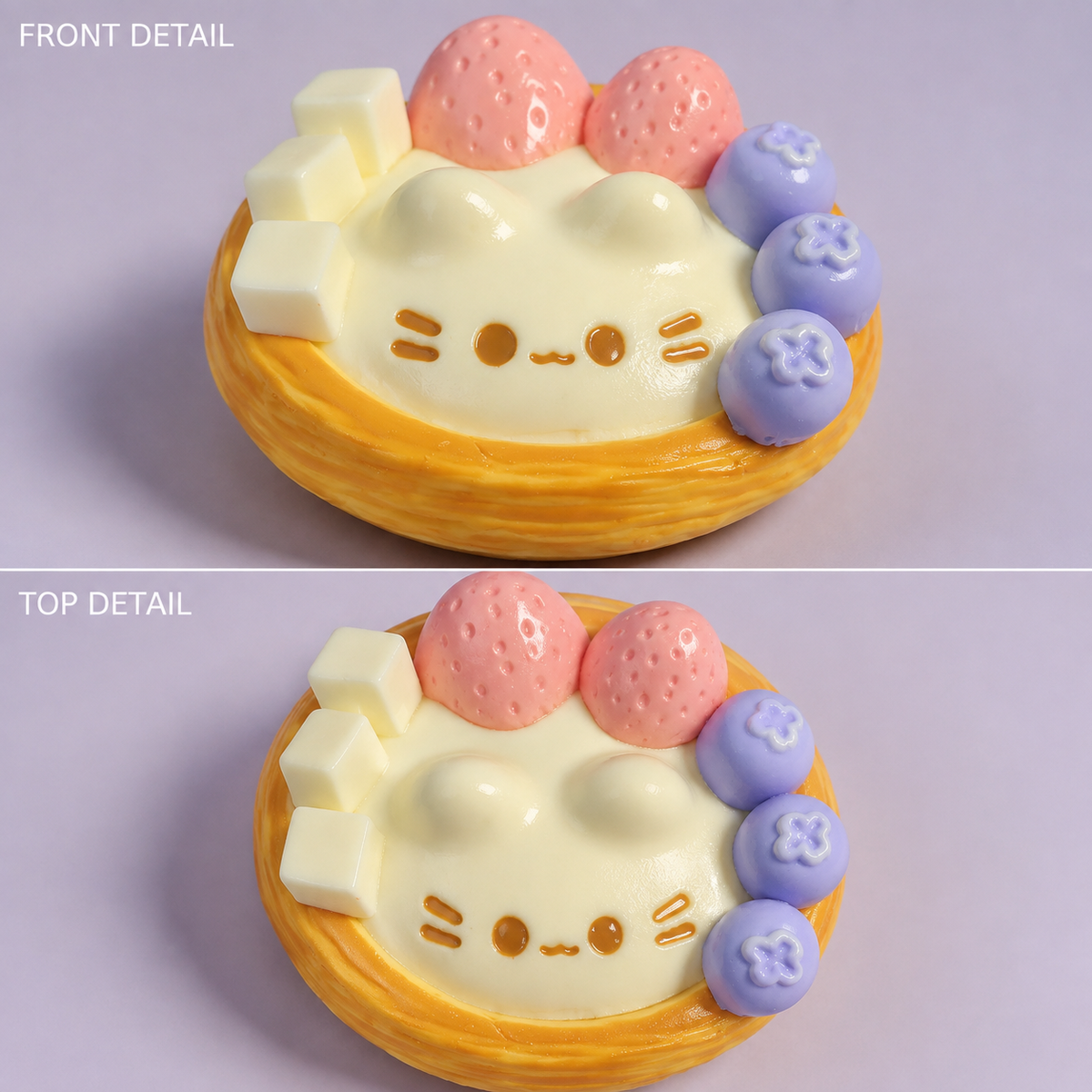 Cat egg-tart front and top details
