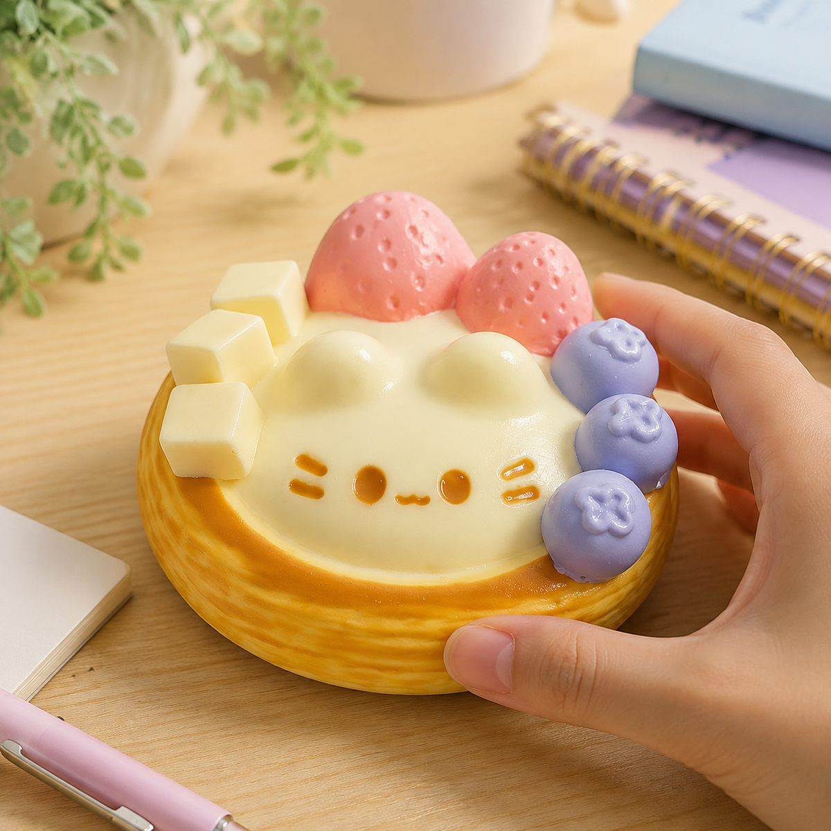 Cat egg-tart sensory toy on a cozy desk