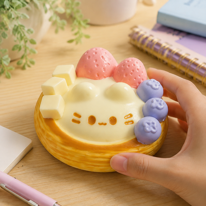 Cat egg-tart sensory toy on a cozy desk