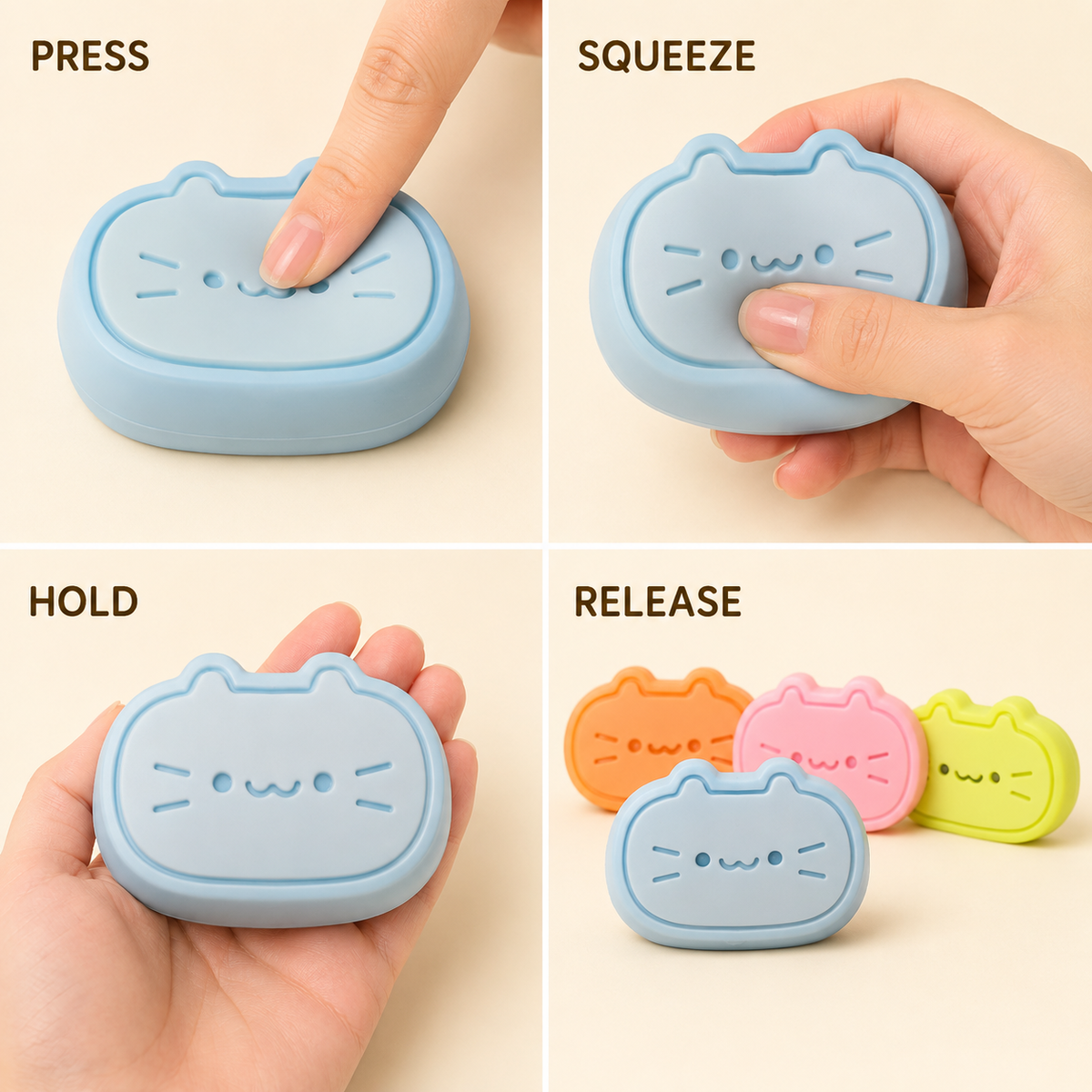 Blue cheese-cat press squeeze hold and release guide with all colors
