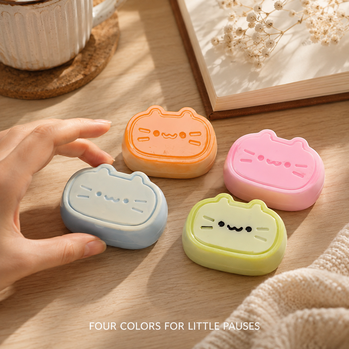 Four cheese-cat sensory toys in a cozy desk scene