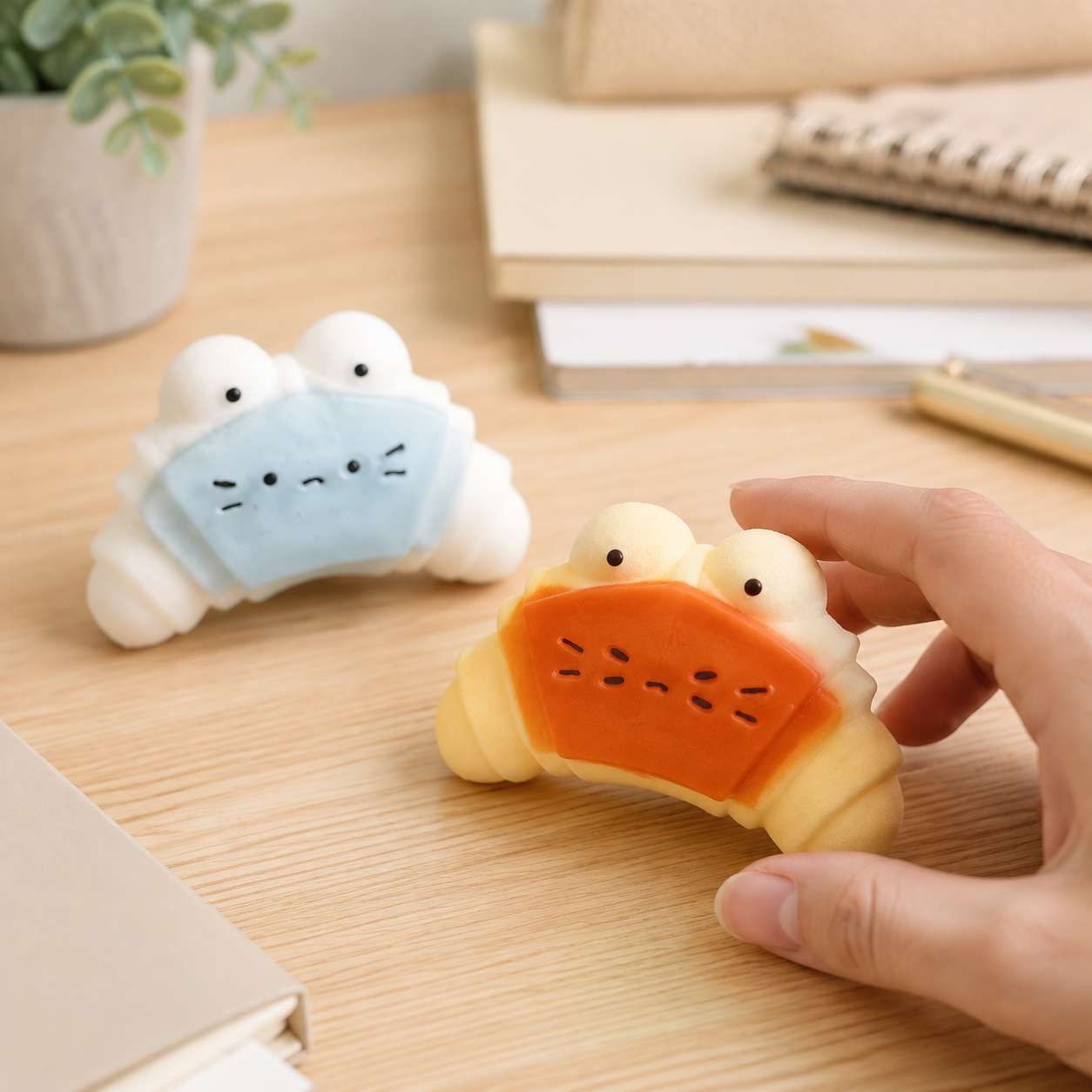 Caramel and sea salt cheese croissant squeeze toys on a cozy desk