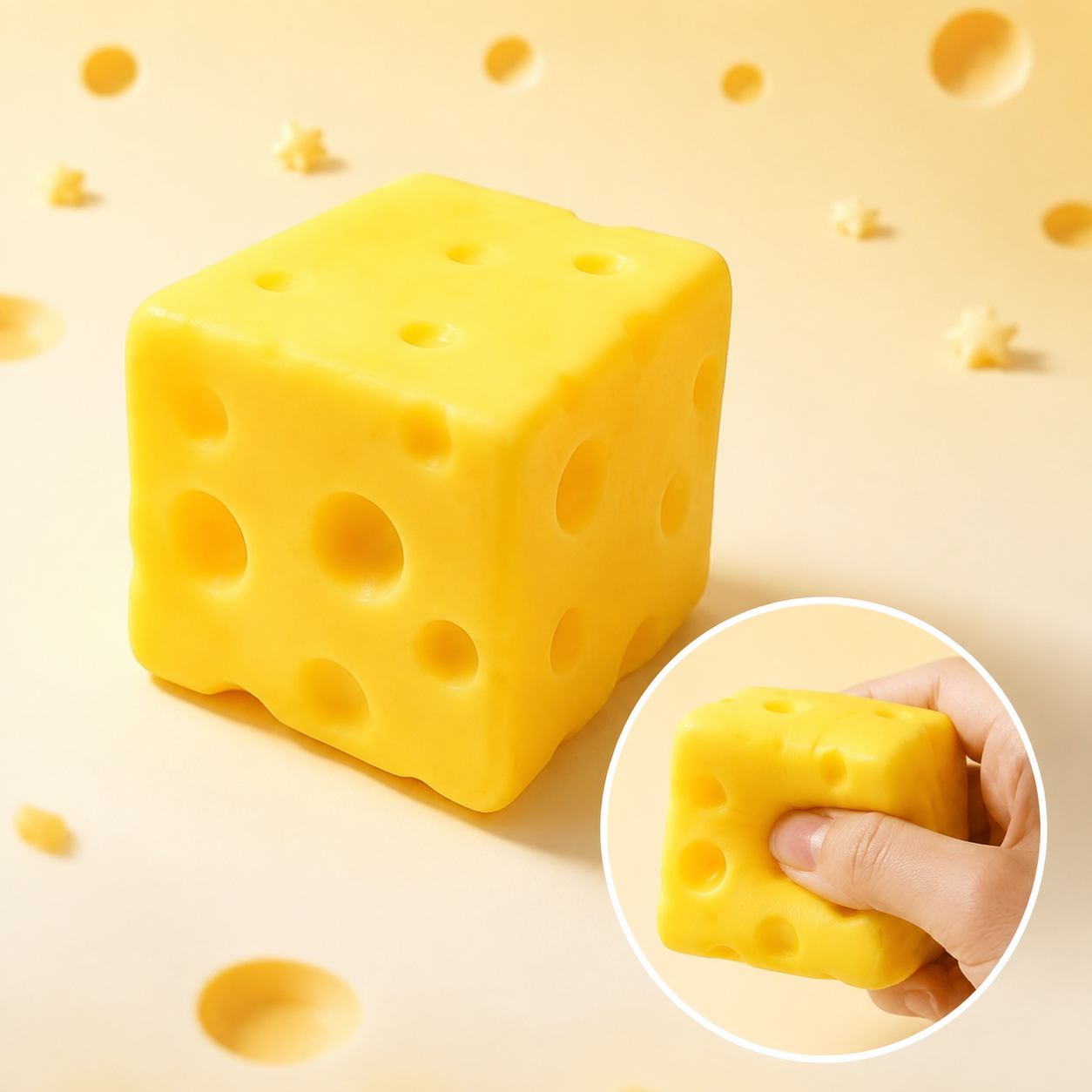 Yellow cheese block crunchy squishy — hero