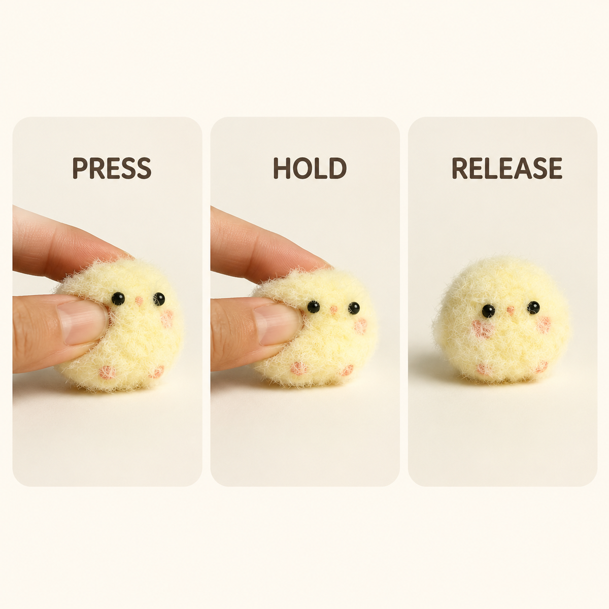 Yellow fuzzy chicken press hold and release guide