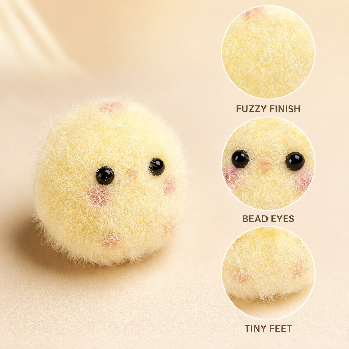Fuzzy chicken finish bead eyes and tiny feet details