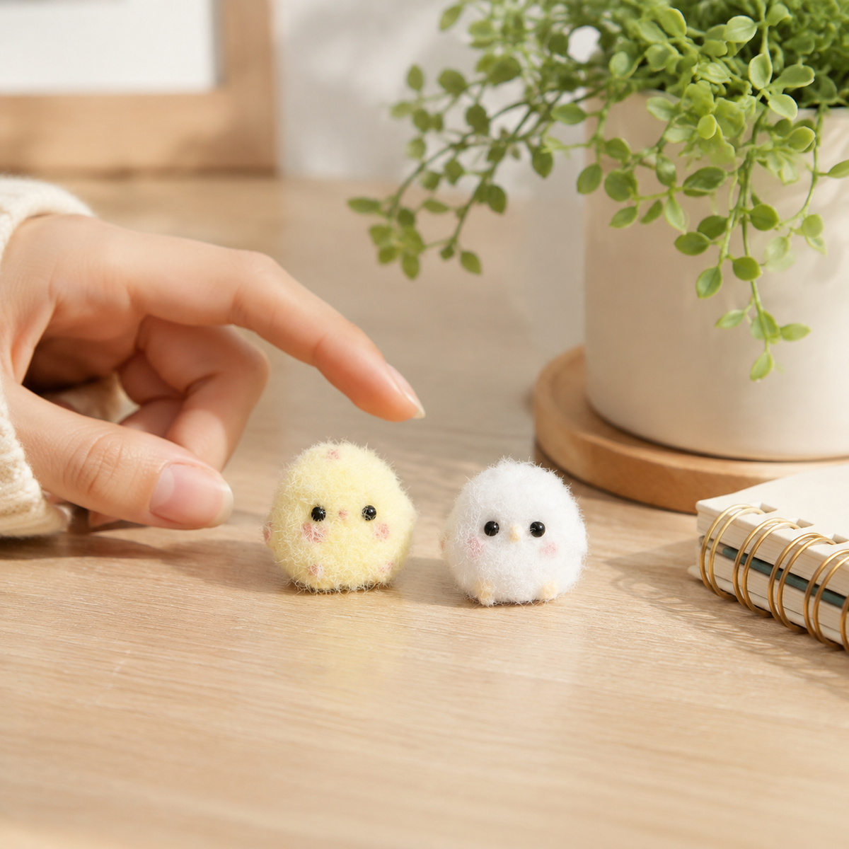 Yellow and white fuzzy chicken sensory toys on a cozy desk