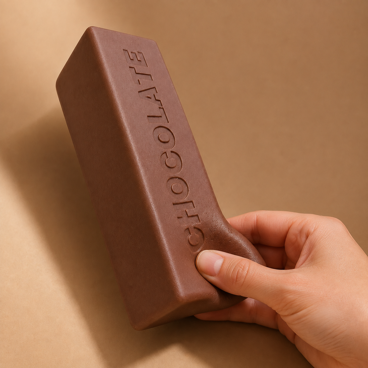 Chocolate letter bar squishy with a hand gently squeezing the lower-right end