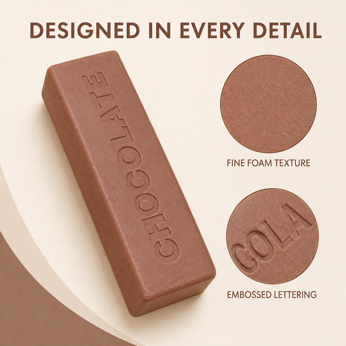 Chocolate letter bar squishy foam texture and embossed lettering details
