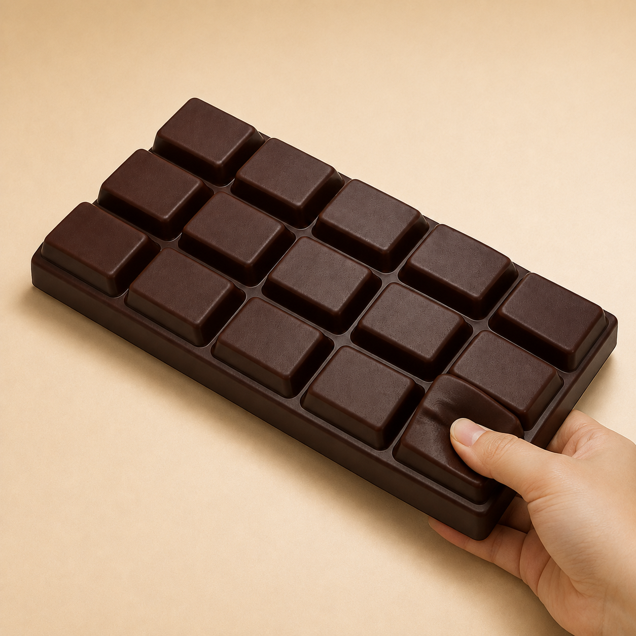 Fifteen-block chocolate slab squishy with a hand gently squeezing the lower-right corner