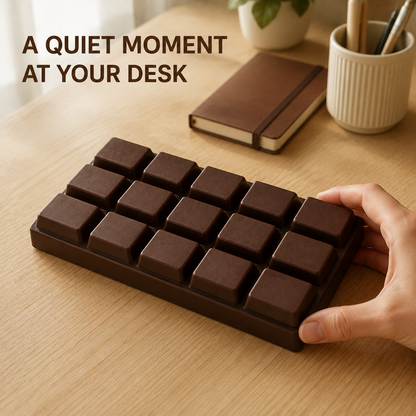 Fifteen-block chocolate slab squishy in a warm home-office scene