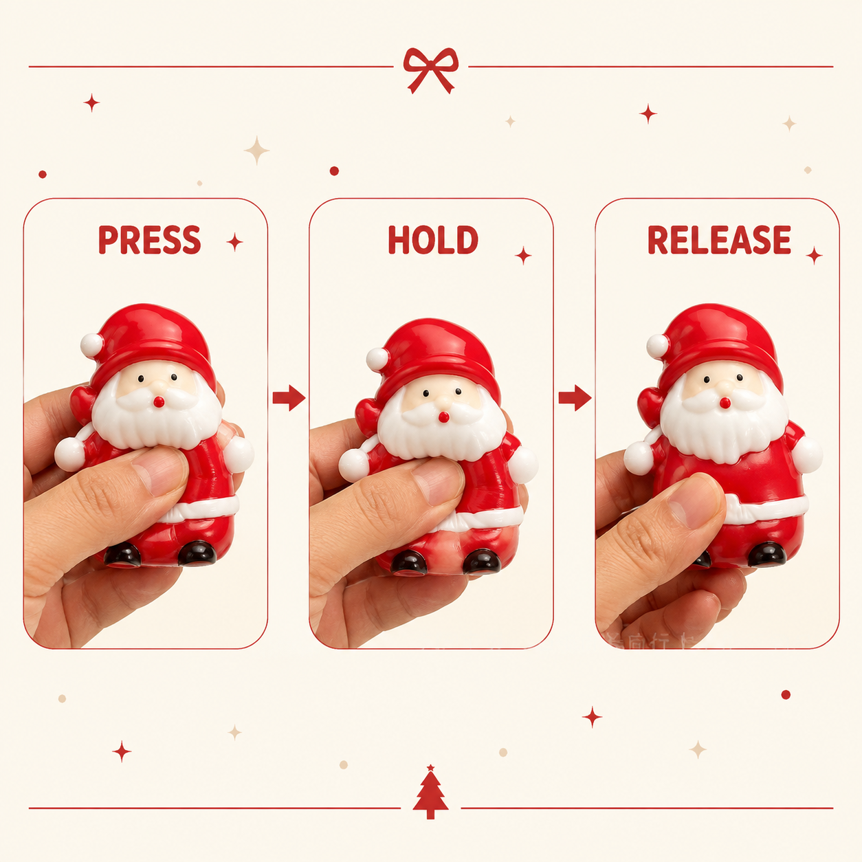 Upright Santa sensory toy press hold and release guide