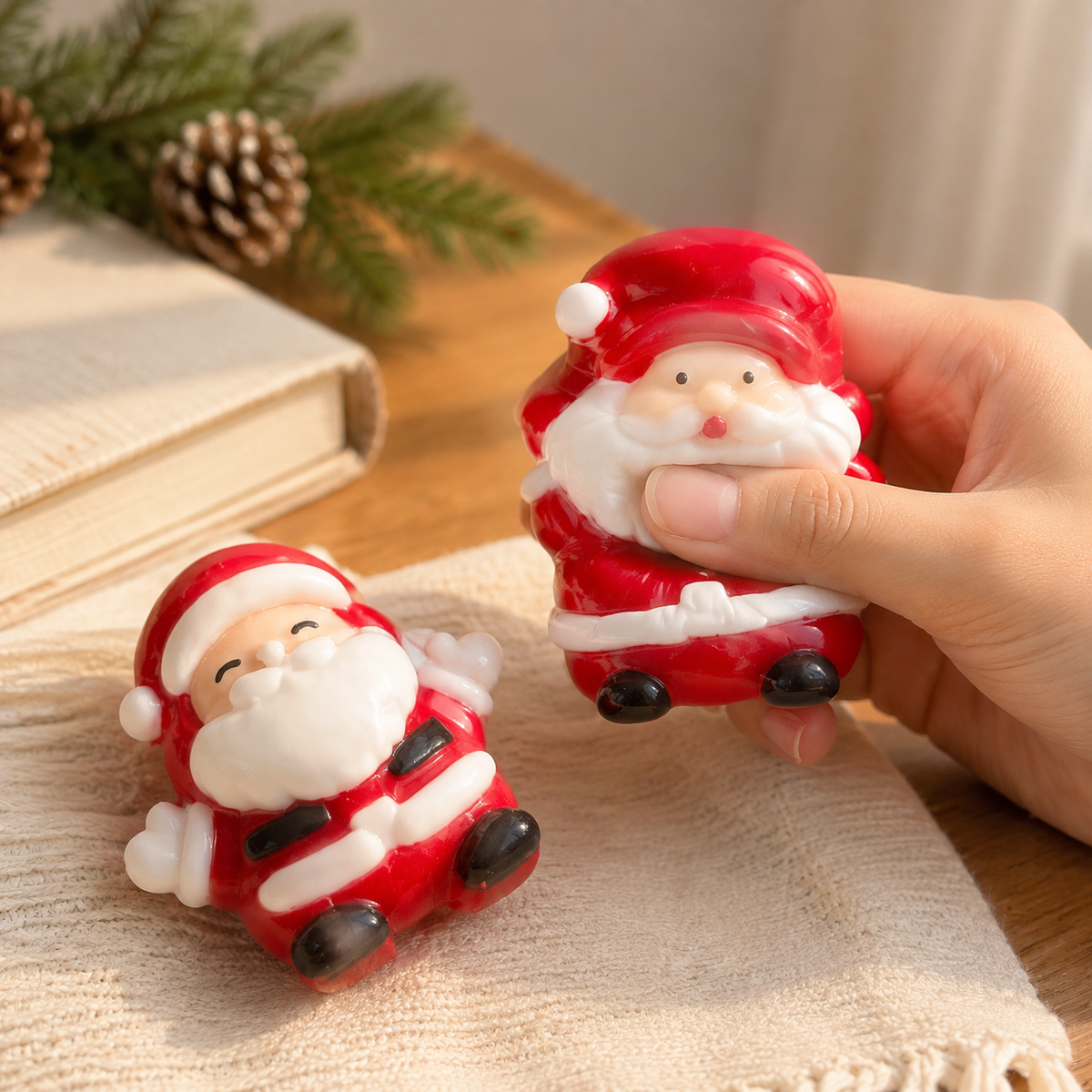 Upright and reclining Santa sensory toys in a cozy holiday scene
