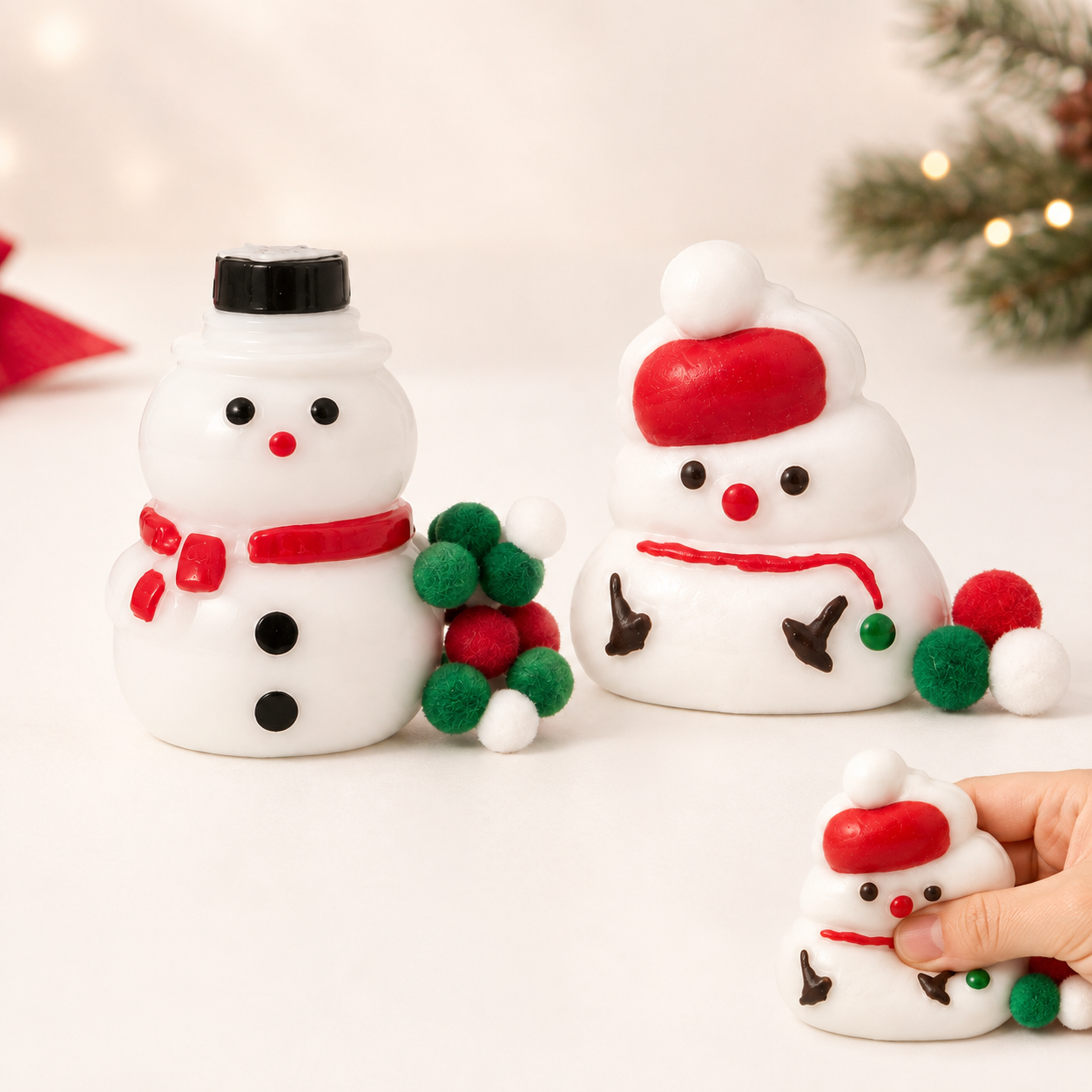 Christmas Snowman Sensory Squeeze Toy hero with Black Hat and Red Hat variants and hand squeeze