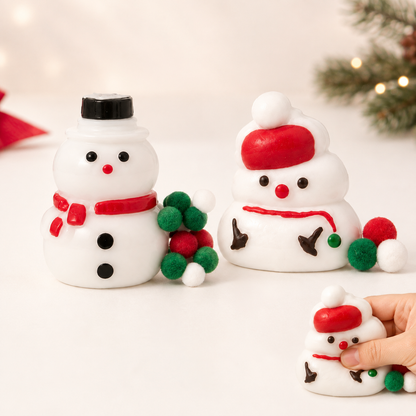 Christmas Snowman Sensory Squeeze Toy hero with Black Hat and Red Hat variants and hand squeeze