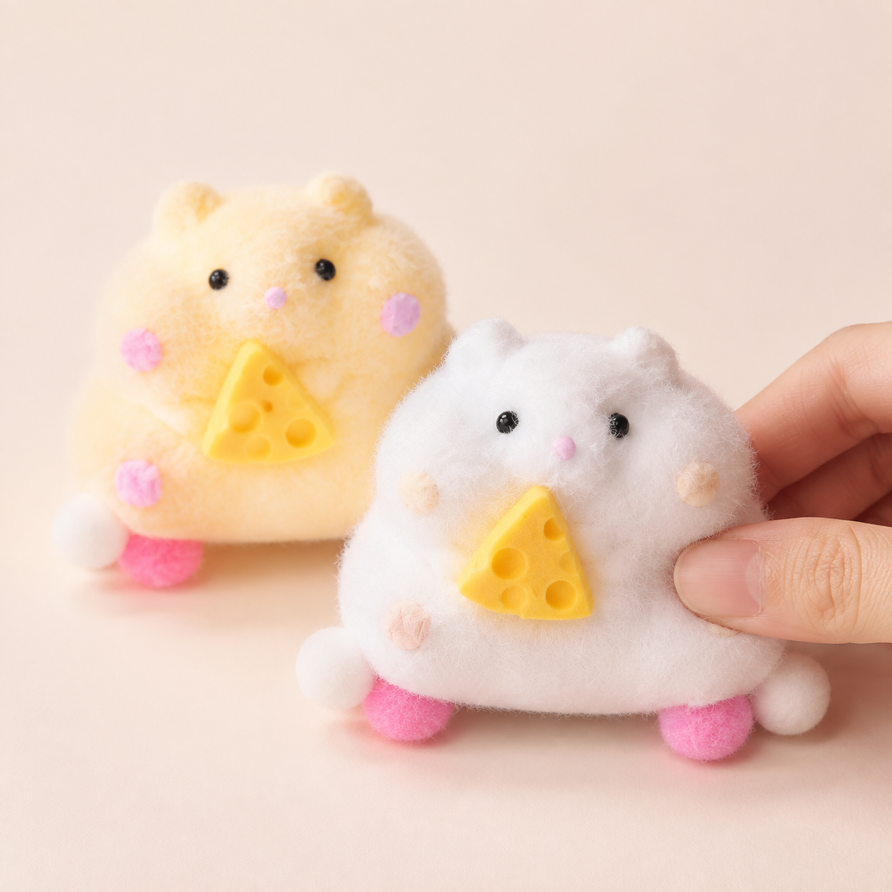 Hand pressing white chubby hamster beside yellow variant